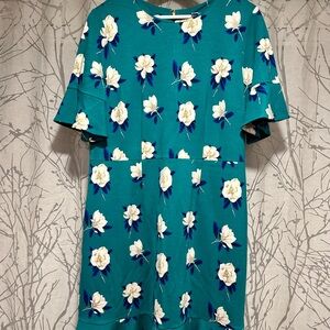 Draper James Teal and White Floral Magnolia Flutter Sleeve Dress Size L (8-10)